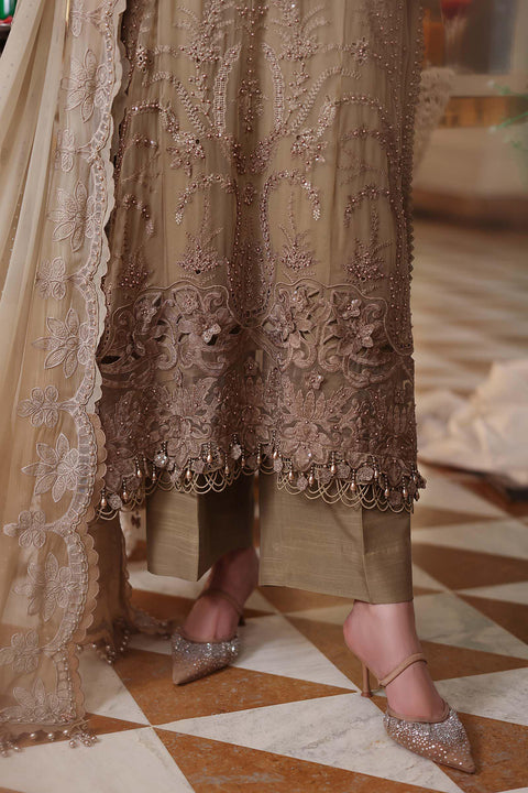 3 Piece Unstitched Embroidered Chiffon Suit COFFFE